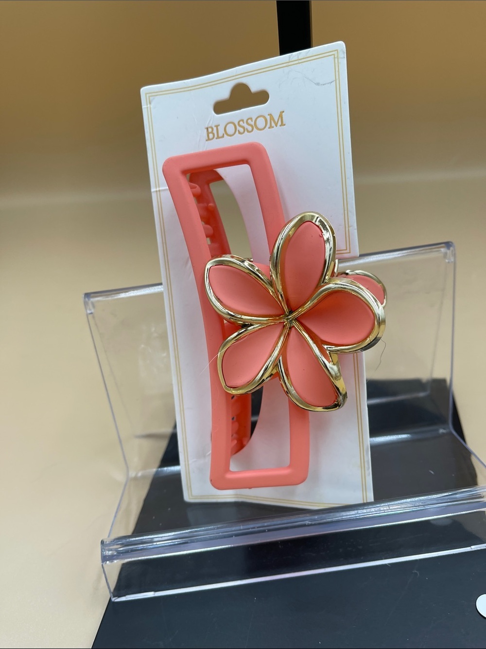 BLossom Coral Color Flower Hair Clip - Elegant Gold-Trim Accent Nice Quality - Picture 2 of 3